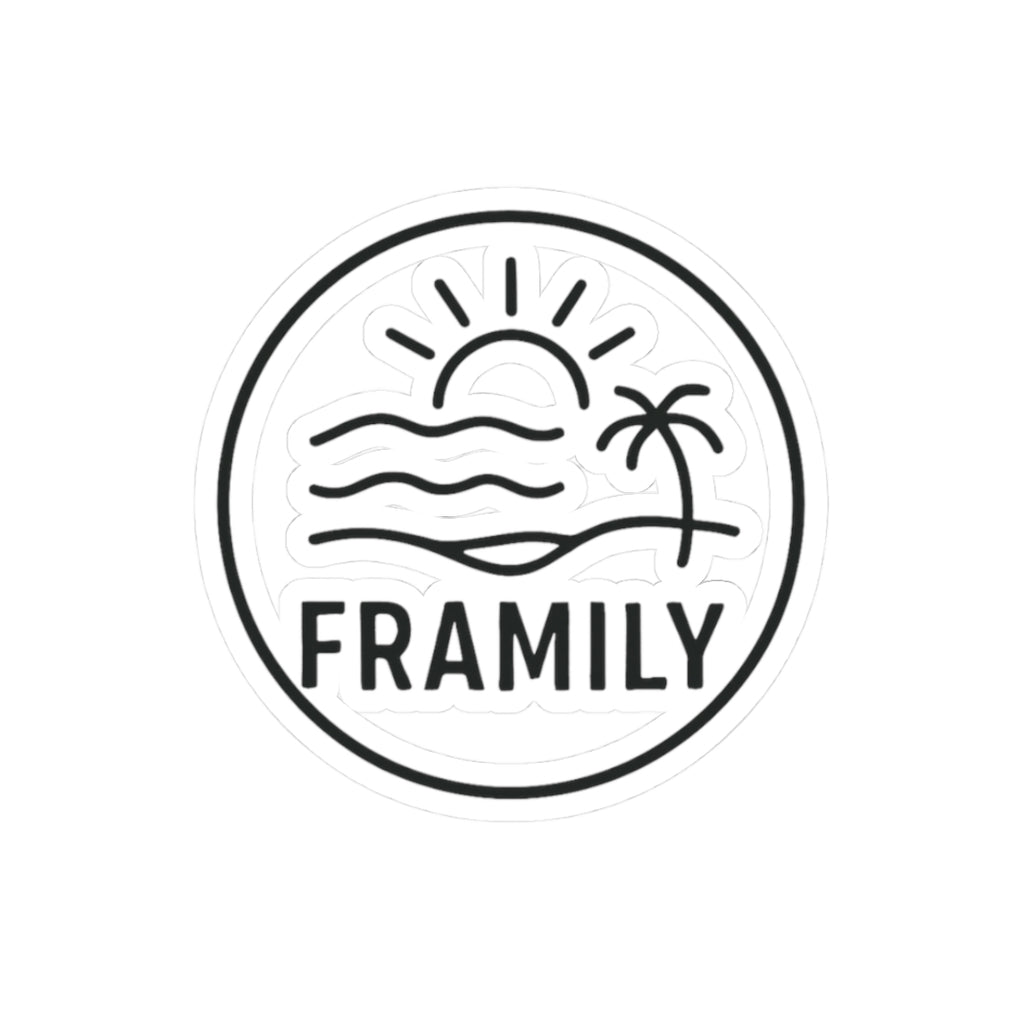 Framily Beach Logo Kiss-Cut Sticker – Sun, Palm & Waves Vinyl Decal for Laptops, Water Bottles & Travel Gear