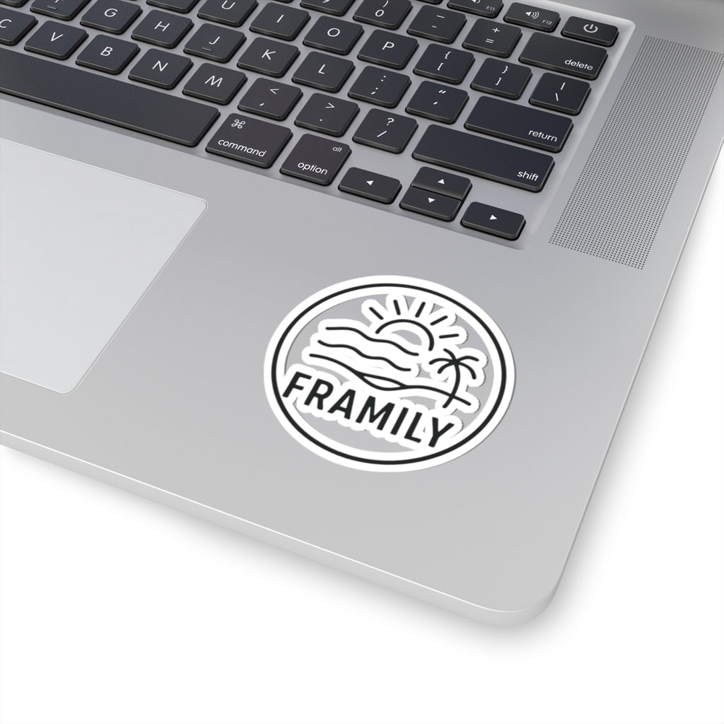 Framily Beach Logo Kiss-Cut Sticker – Sun, Palm & Waves Vinyl Decal for Laptops, Water Bottles & Travel Gear