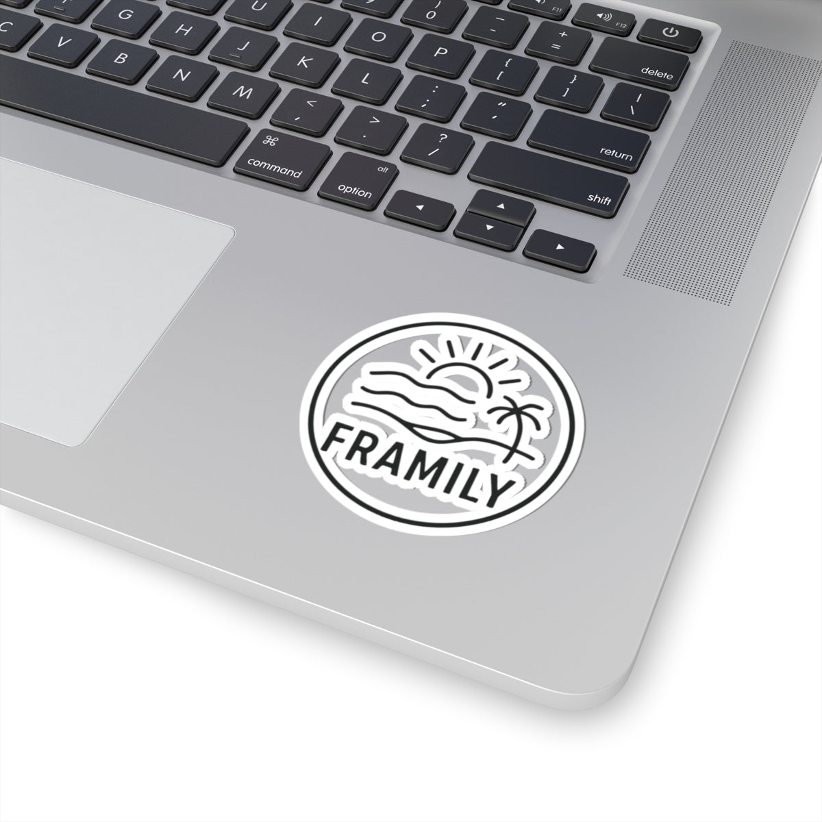 Framily Beach Logo Kiss-Cut Sticker – Sun, Palm & Waves Vinyl Decal for Laptops, Water Bottles & Travel Gear