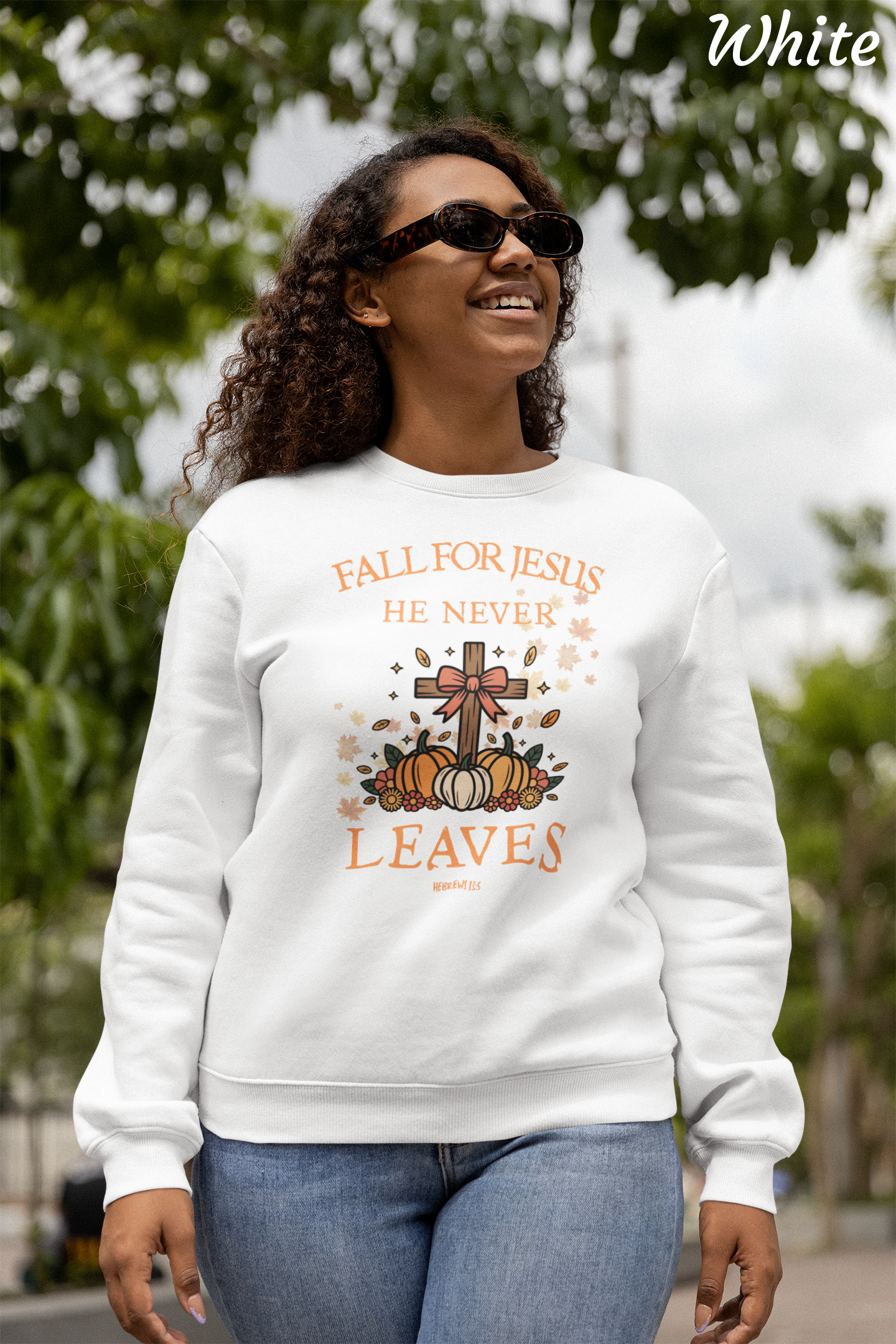 Fall for Jesus He Never Leaves sweatshirt | Christian pumpkin cross design