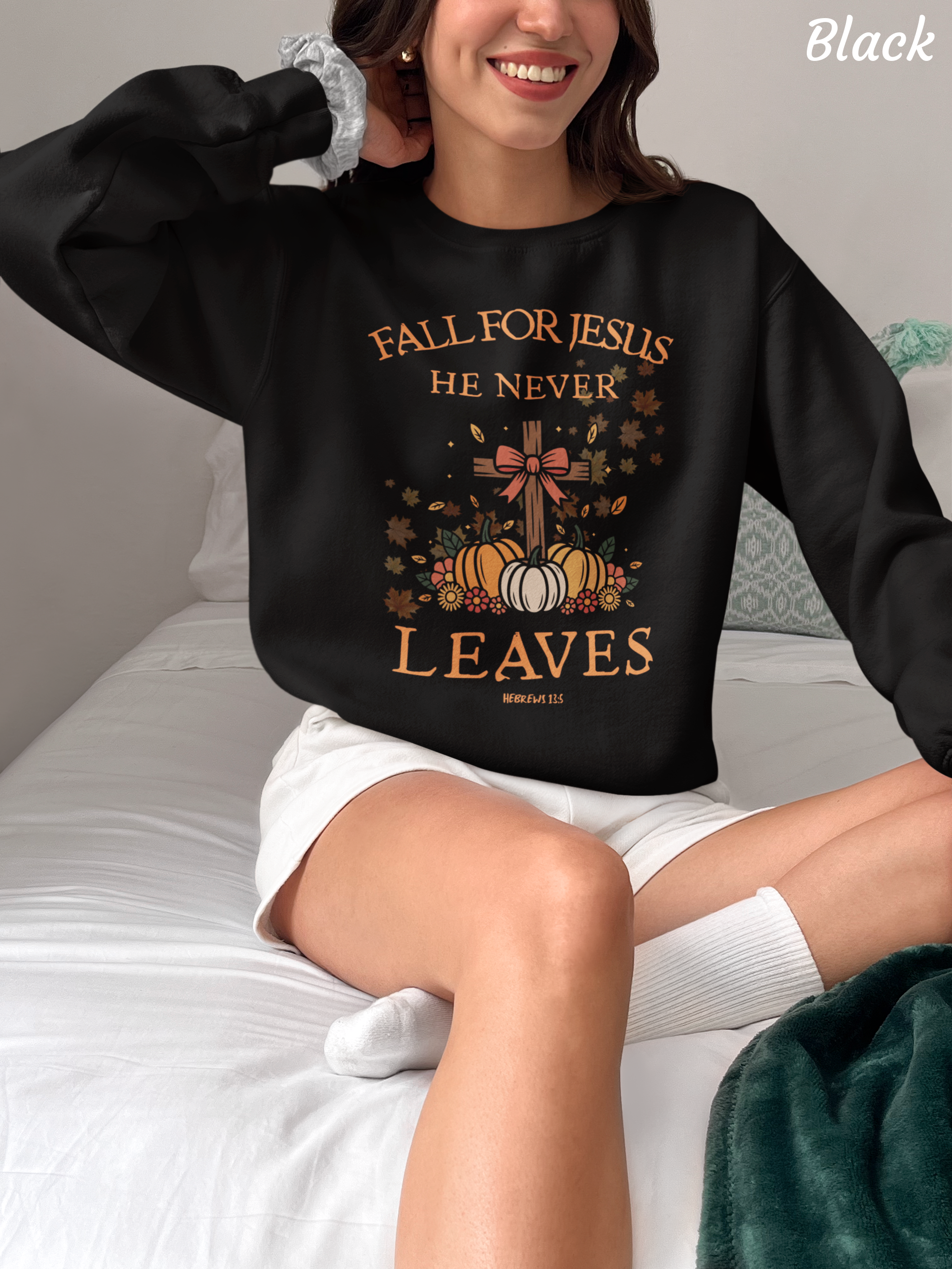 Fall for Jesus He Never Leaves sweatshirt | Christian pumpkin cross design