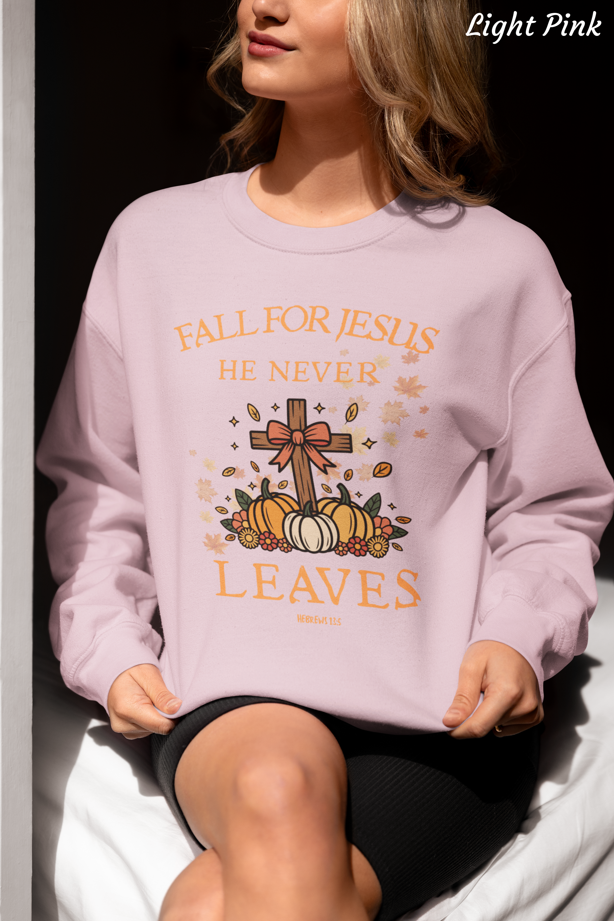 Fall for Jesus He Never Leaves sweatshirt | Christian pumpkin cross design
