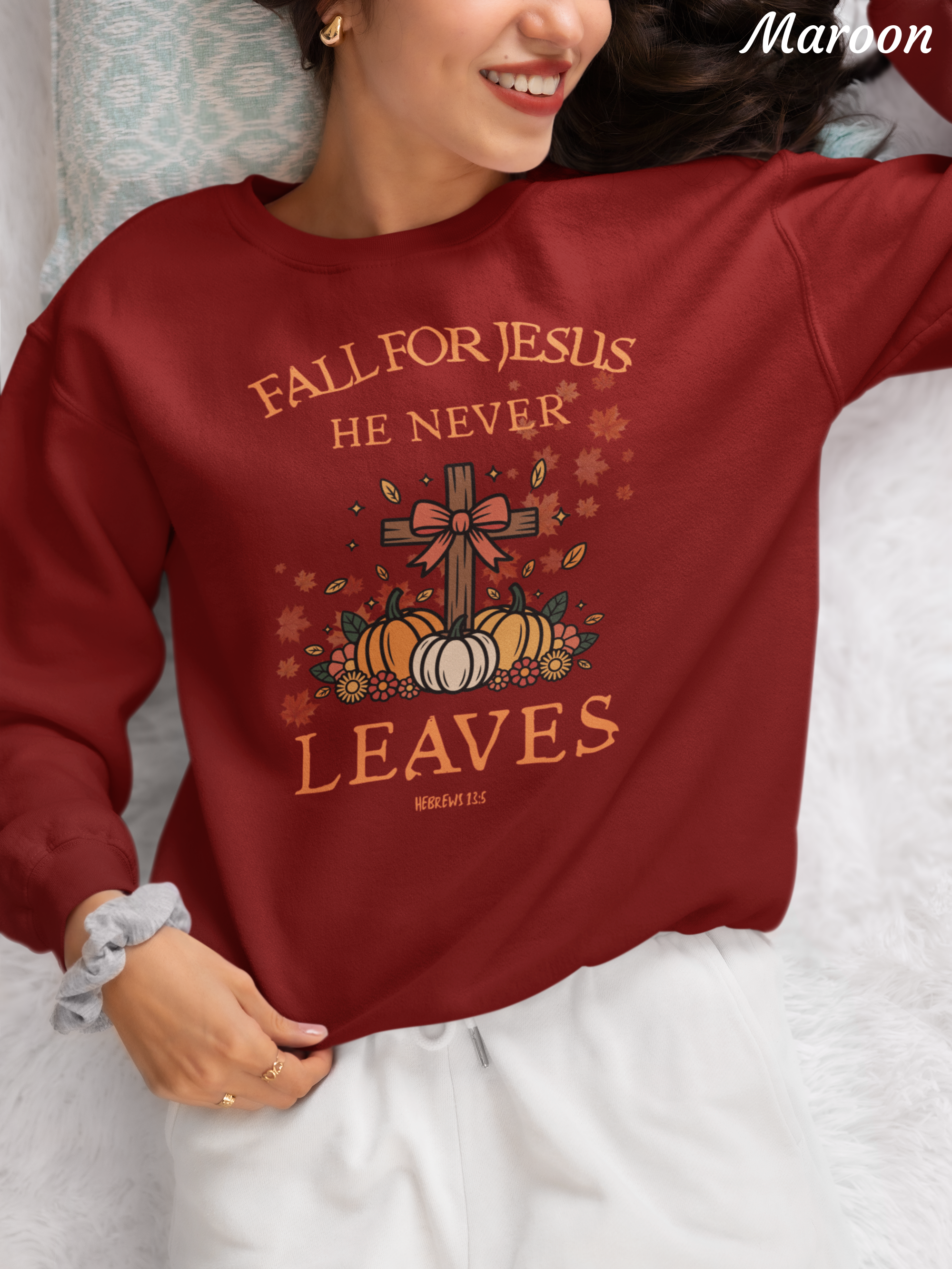 Fall for Jesus He Never Leaves sweatshirt | Christian pumpkin cross design