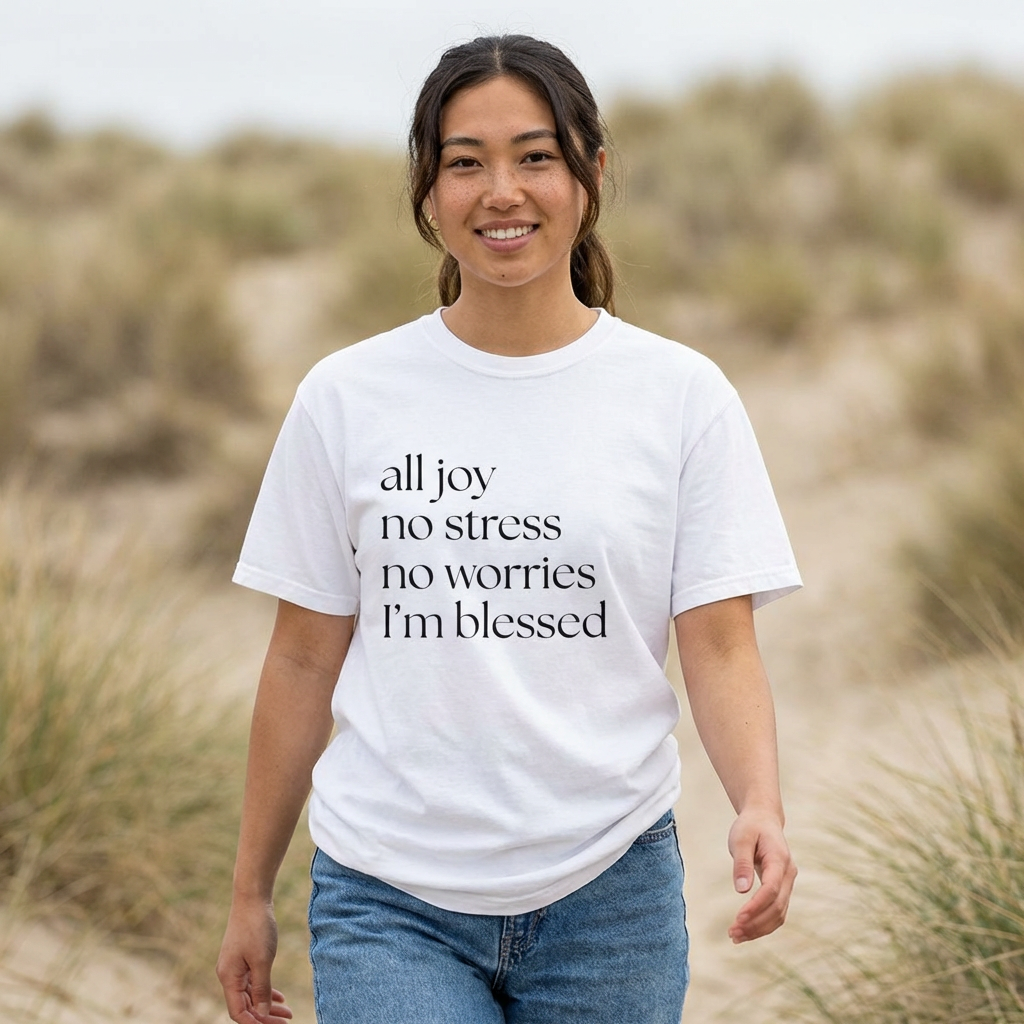 All Joy No Stress No Worries I’m Blessed T-Shirt – Comfort Colors 1717 | Christian Faith Tee