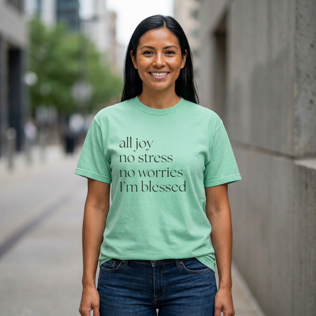 All Joy No Stress No Worries I’m Blessed T-Shirt – Comfort Colors 1717 | Christian Faith Tee