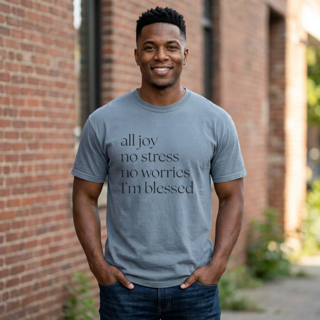 All Joy No Stress No Worries I’m Blessed T-Shirt – Comfort Colors 1717 | Christian Faith Tee