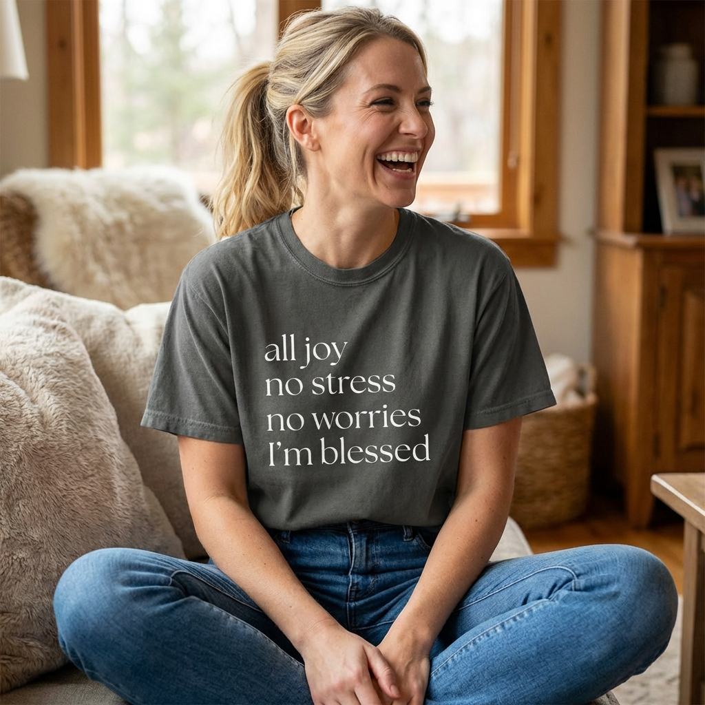 All Joy No Stress No Worries I’m Blessed T-Shirt – Comfort Colors 1717 | Christian Faith Tee