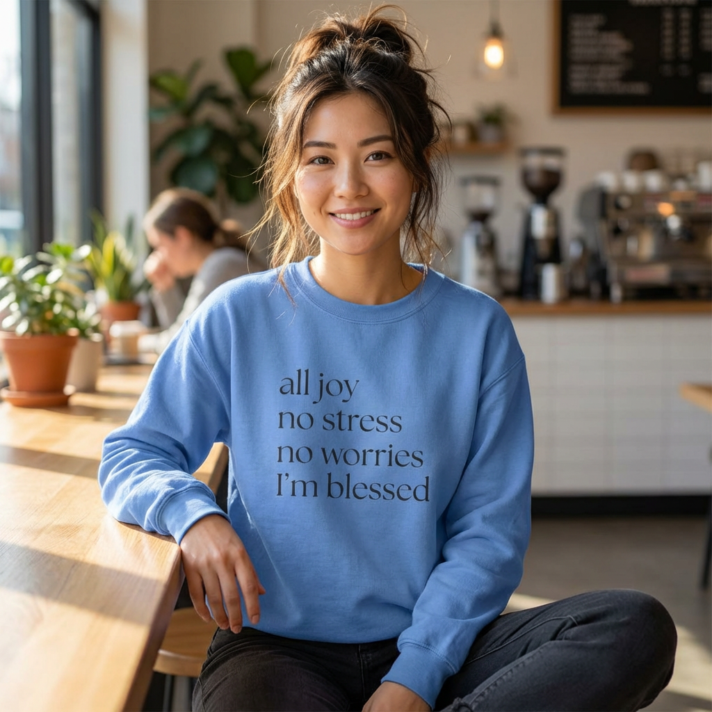 All Joy No Stress No Worries I’m Blessed Sweatshirt – Christian Crewneck | Gildan 18000 | Nails of Faith