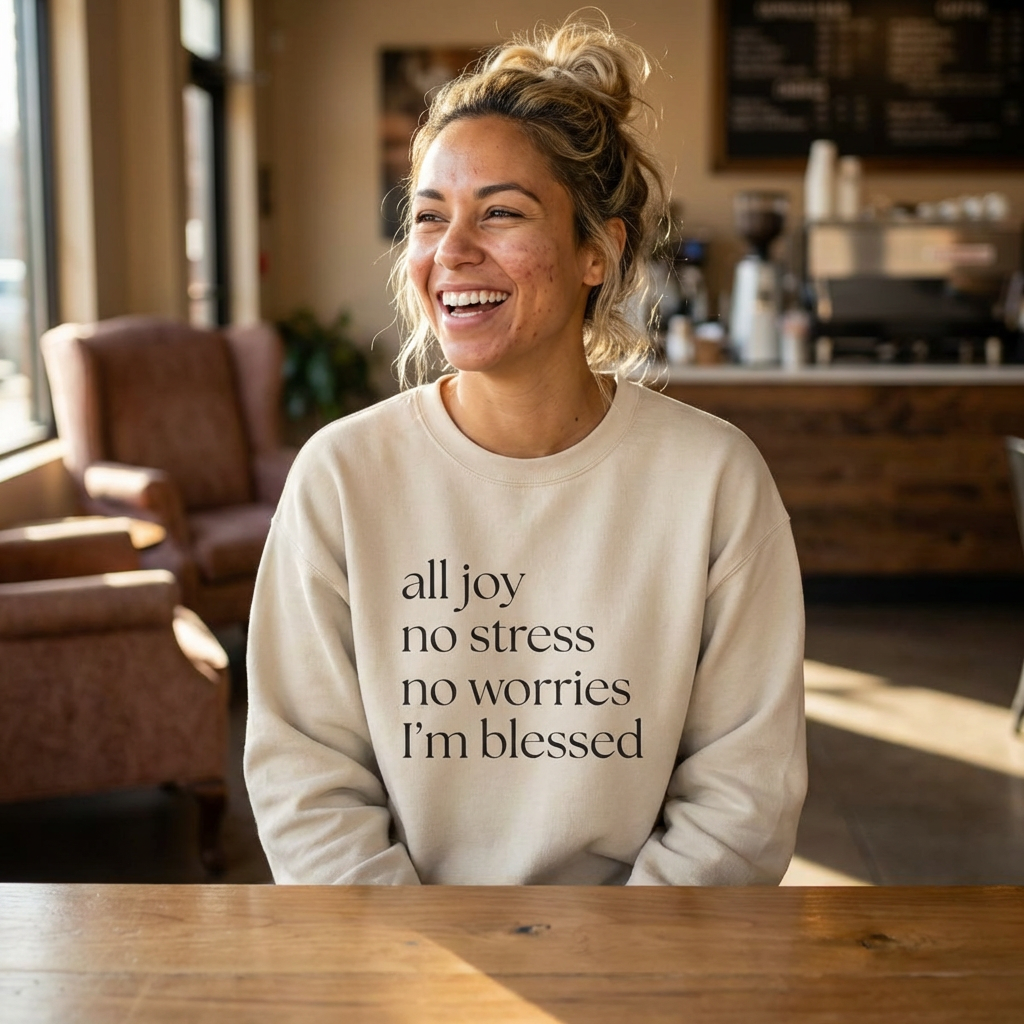 All Joy No Stress No Worries I’m Blessed Sweatshirt – Christian Crewneck | Gildan 18000 | Nails of Faith