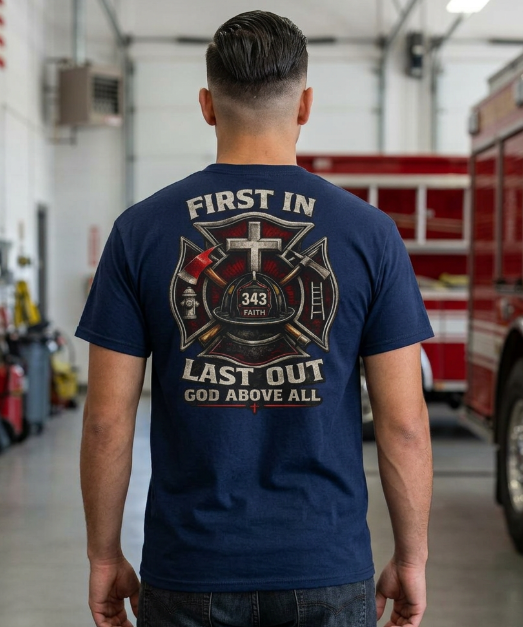 First In Last Out God Above All | Christian Firefighter Comfort Colors 1717 T-Shirt