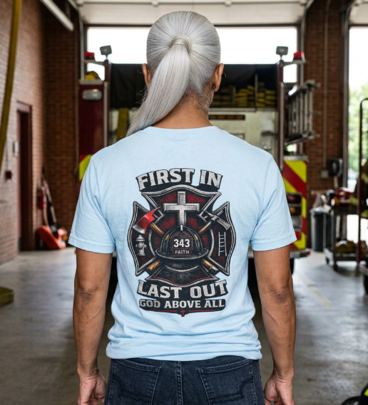 First In Last Out God Above All | Christian Firefighter Comfort Colors 1717 T-Shirt