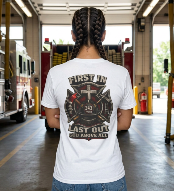 First In Last Out God Above All | Christian Firefighter Comfort Colors 1717 T-Shirt