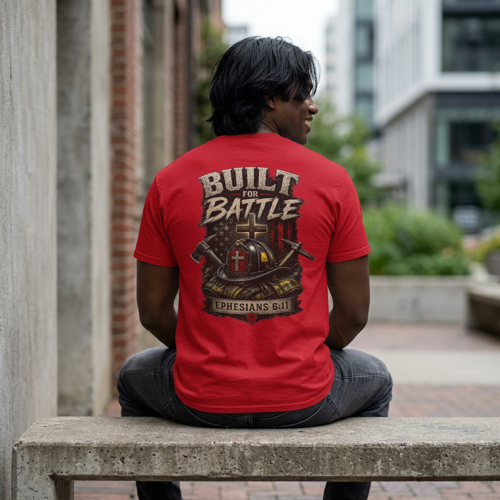 Built for Battle – Ephesians 6:11 | Christian Firefighter Comfort Colors 1717 T-Shirt